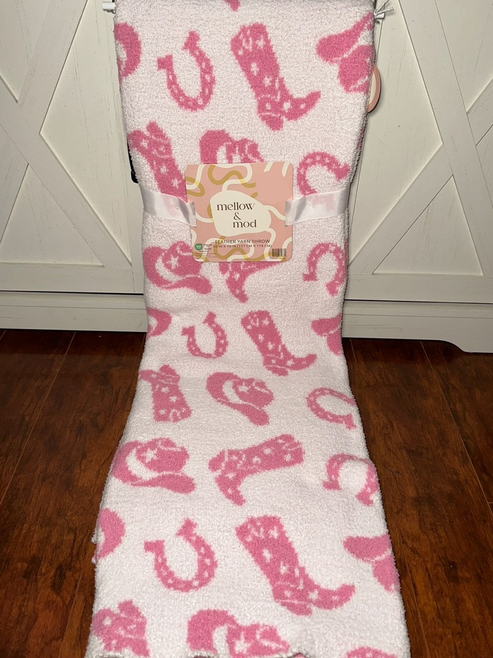Mellow & Mod Pink Cowboy Boot Cowgirl Feather Yarn Throw Blanket